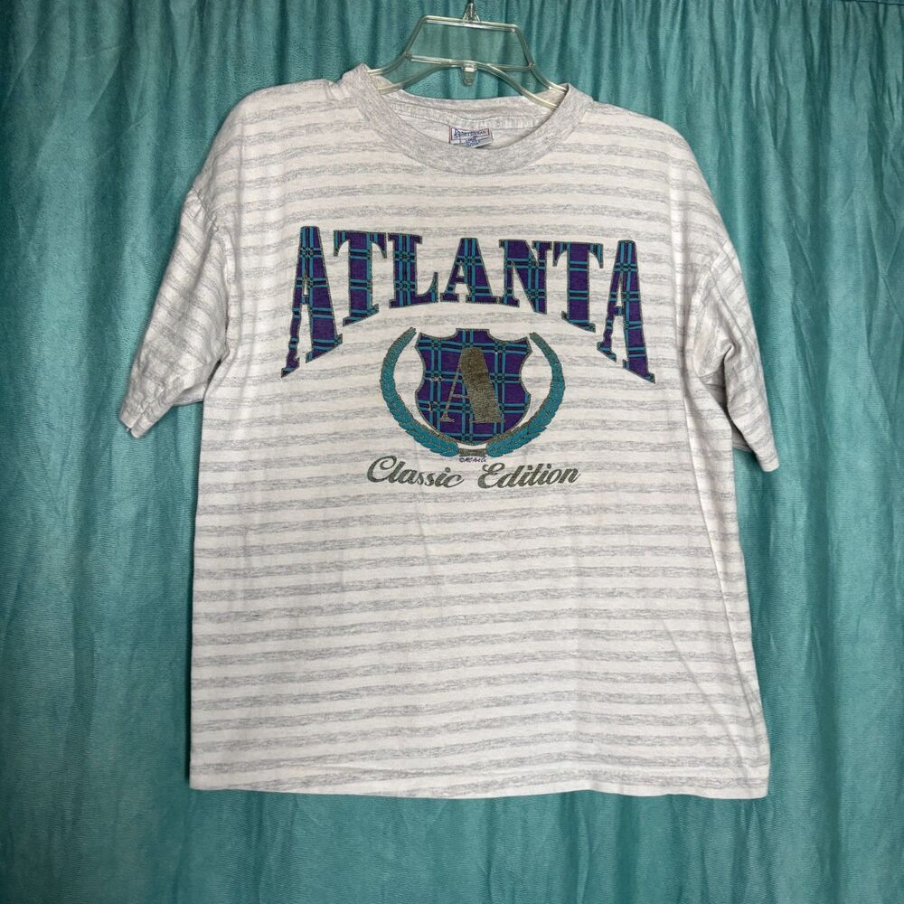 Vintage MC Art Co Striped Atlanta Short Sleeve Graphic T-Shirt Large